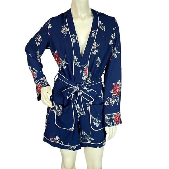 Missguided Blue Floral Kimono Romper V Neck Tie Waist Long Sleeve Shorts Sz 12 - Picture 1 of 12